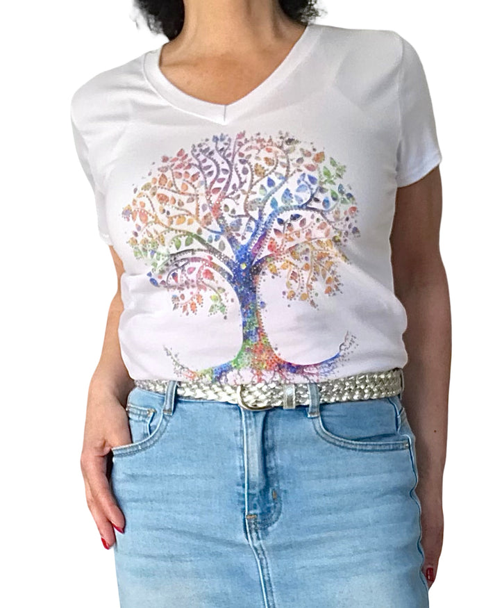 T-shirt blanc arbre de vie multicolore col en V