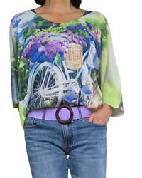 Chandail tricot léger, manche courte col en V avec une bicyclette