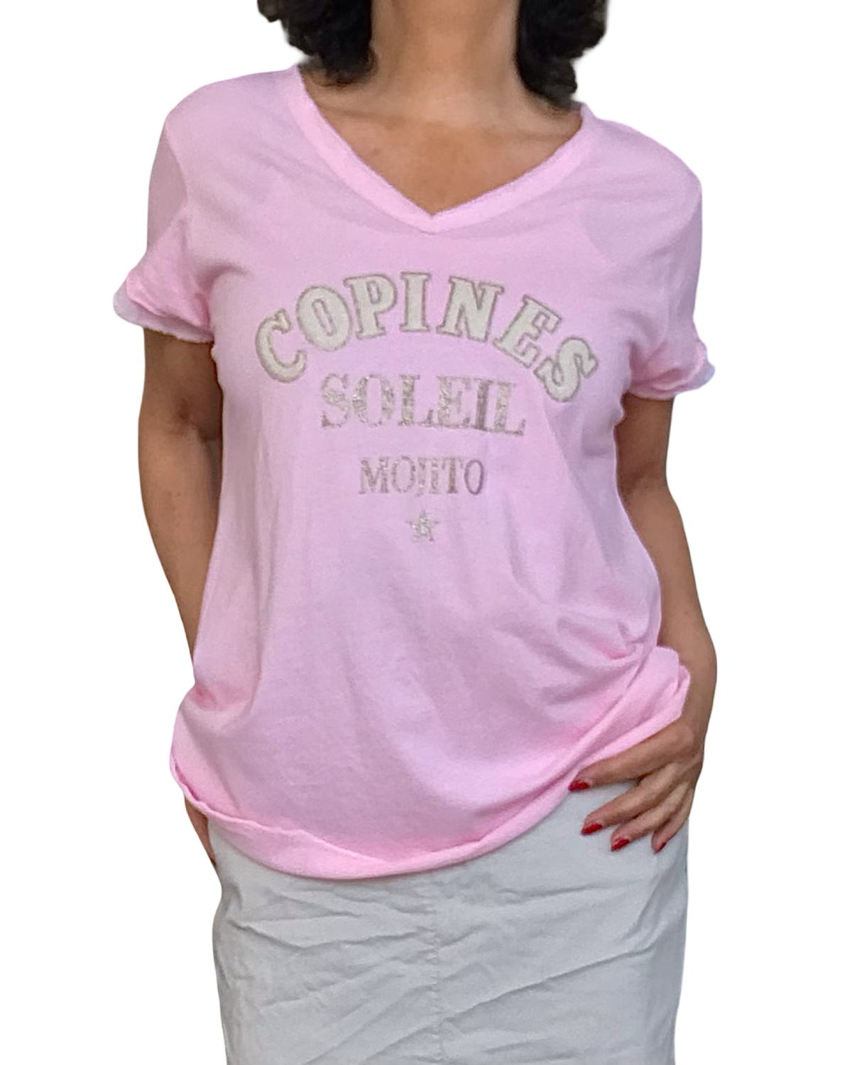 T-shirt rose « Copines Soleil Mojito» col en V