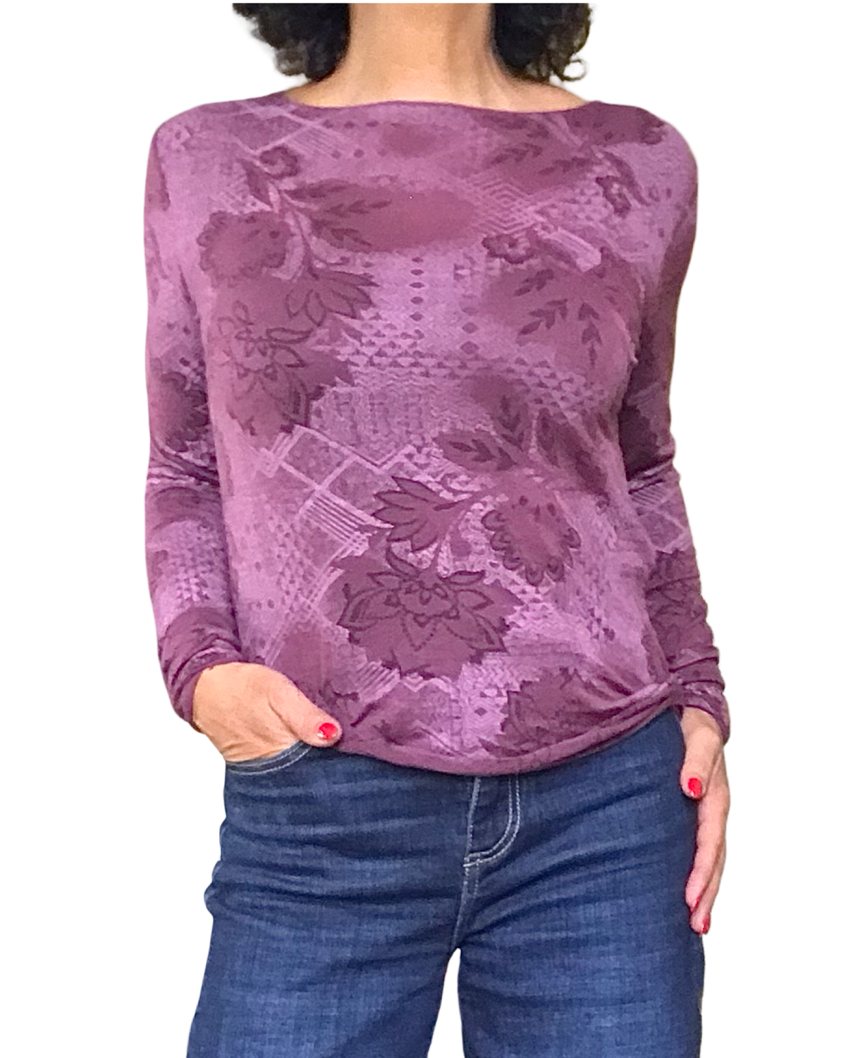 T-shirt bourgogne fleuri ton sur ton, manche longue col rond