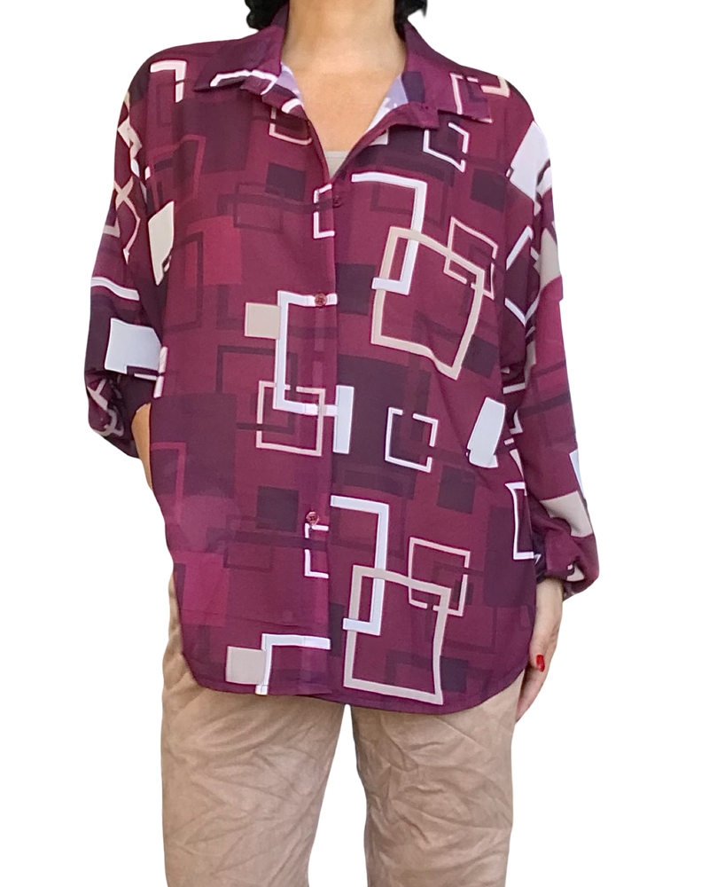 Chemise bourgogne à carreaux beige, crème et noir manche longue