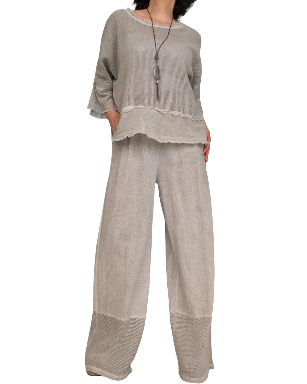 T-shirt beige en filet, col rond, manche courte