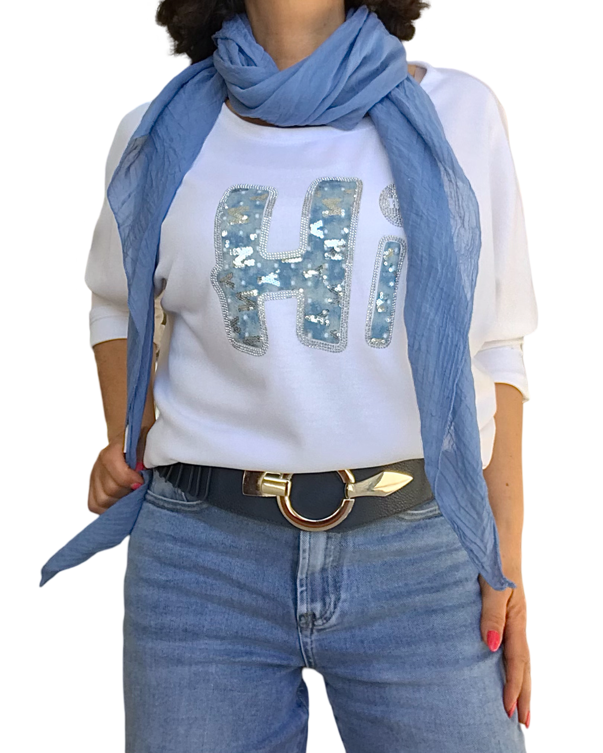 T-shirt manche longue avec un appliqué « HI » blanc avec foulard bleu jeans