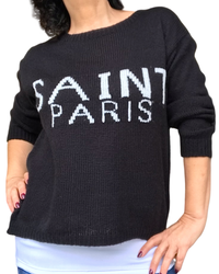 Chandail en tricot noir « Saint Paris » col rond et camisole gainante blanche