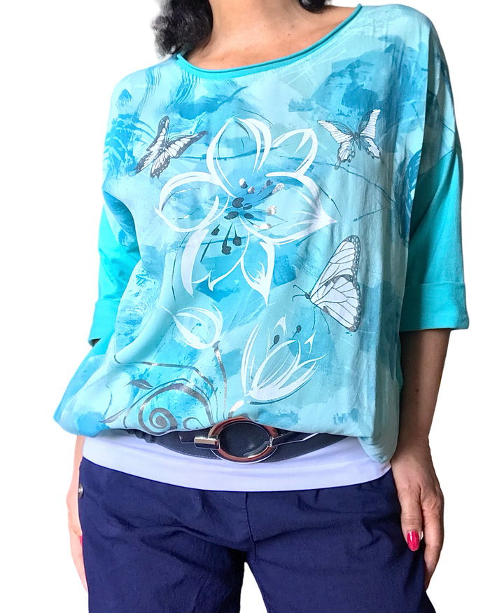 T-shirt manche longue fleurs blanches et argentées avec cordon