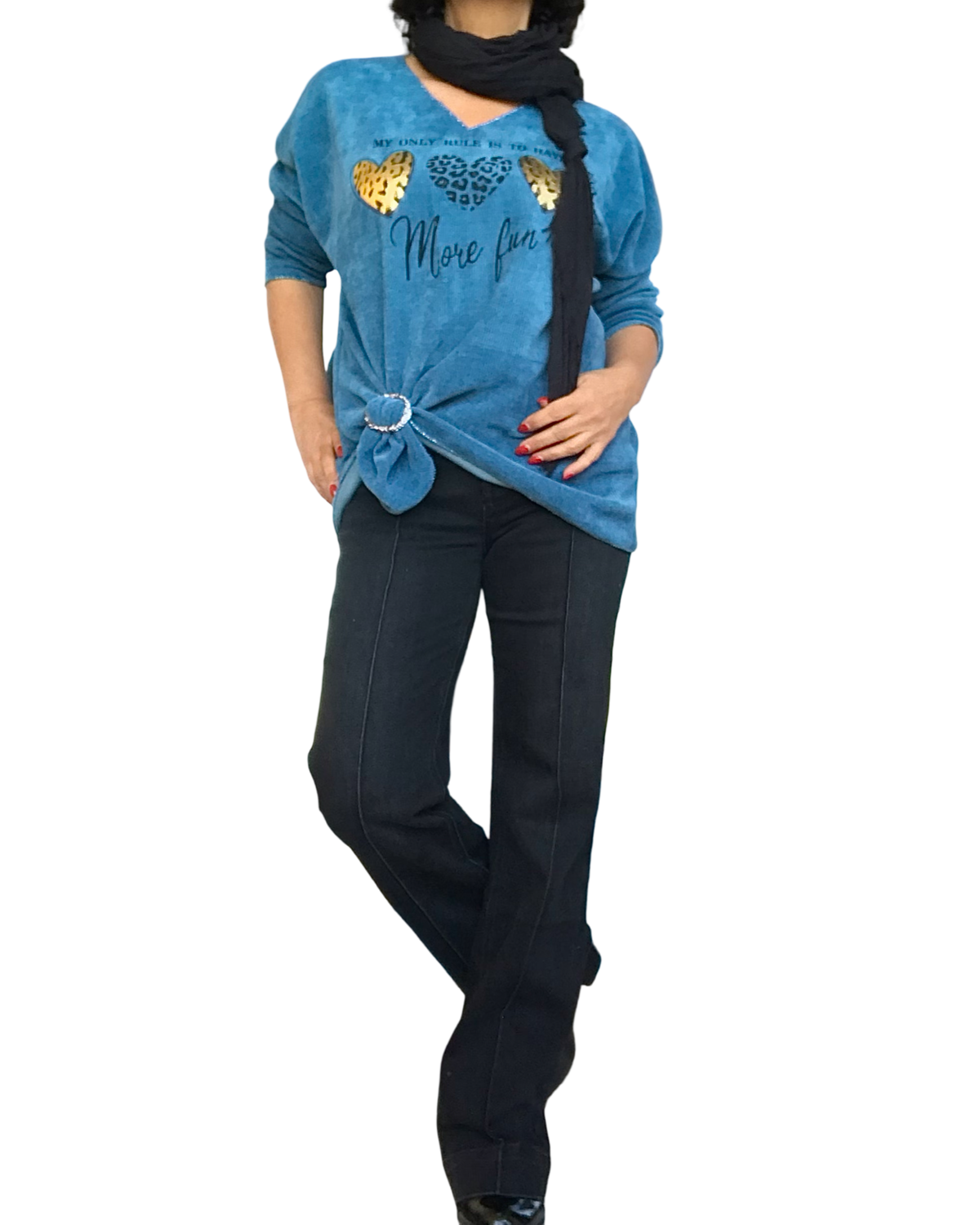 Chandail bleu sarcelle col en V en velours chenille avec 3 cœurs