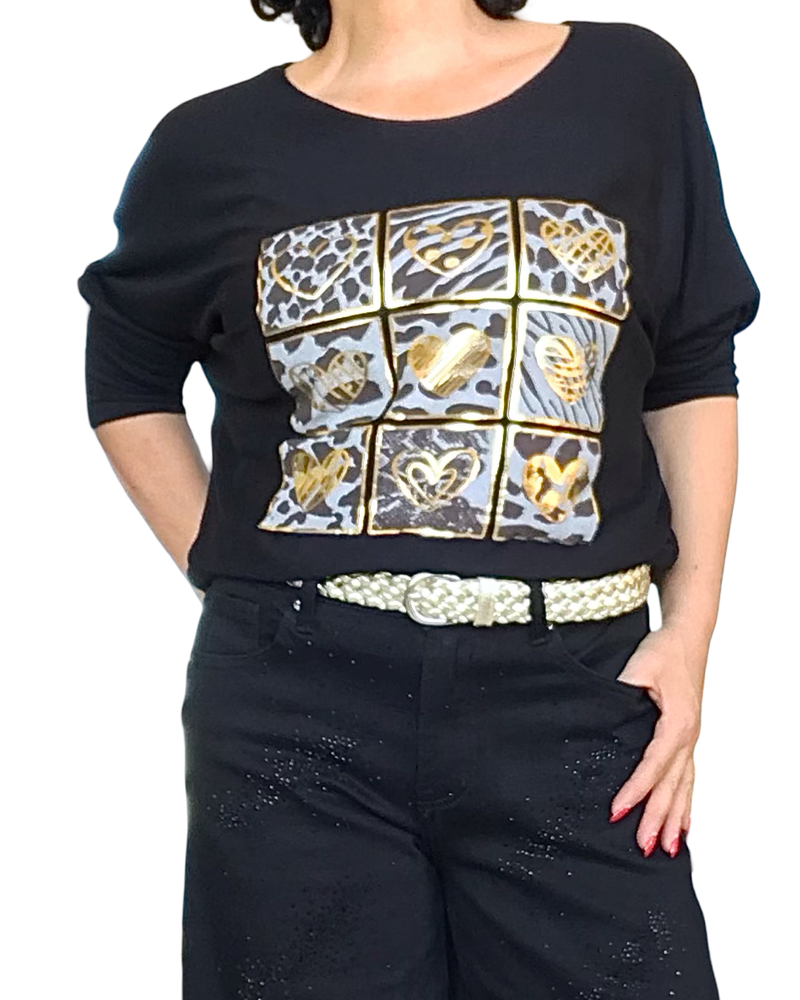 Chandail en tricot uni noir avec dessin de cœurs dorés, manche longue chauve souris