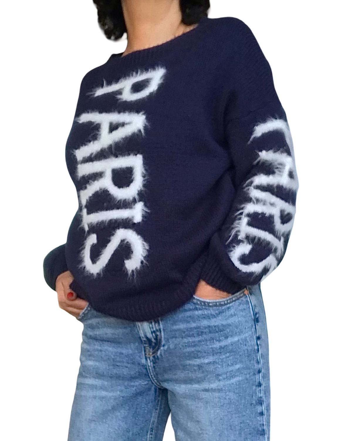 Chandail col rond en tricot marine avec « Paris » écrit en blanc sur le devant et sur les manches