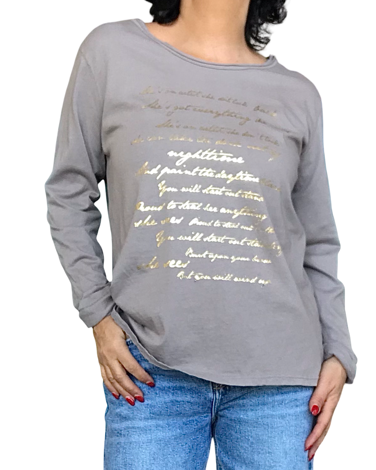 T-shirt manche longue moka avec écritures dorées