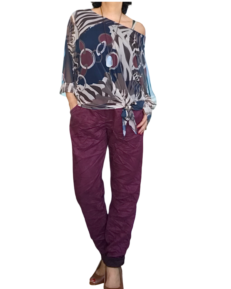 Blouse manches 3/4 en voile imprimé zébré et cercle noué au bas