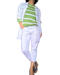 Chandail en tricot manches longues col rond à rayures blanche et vert pomme