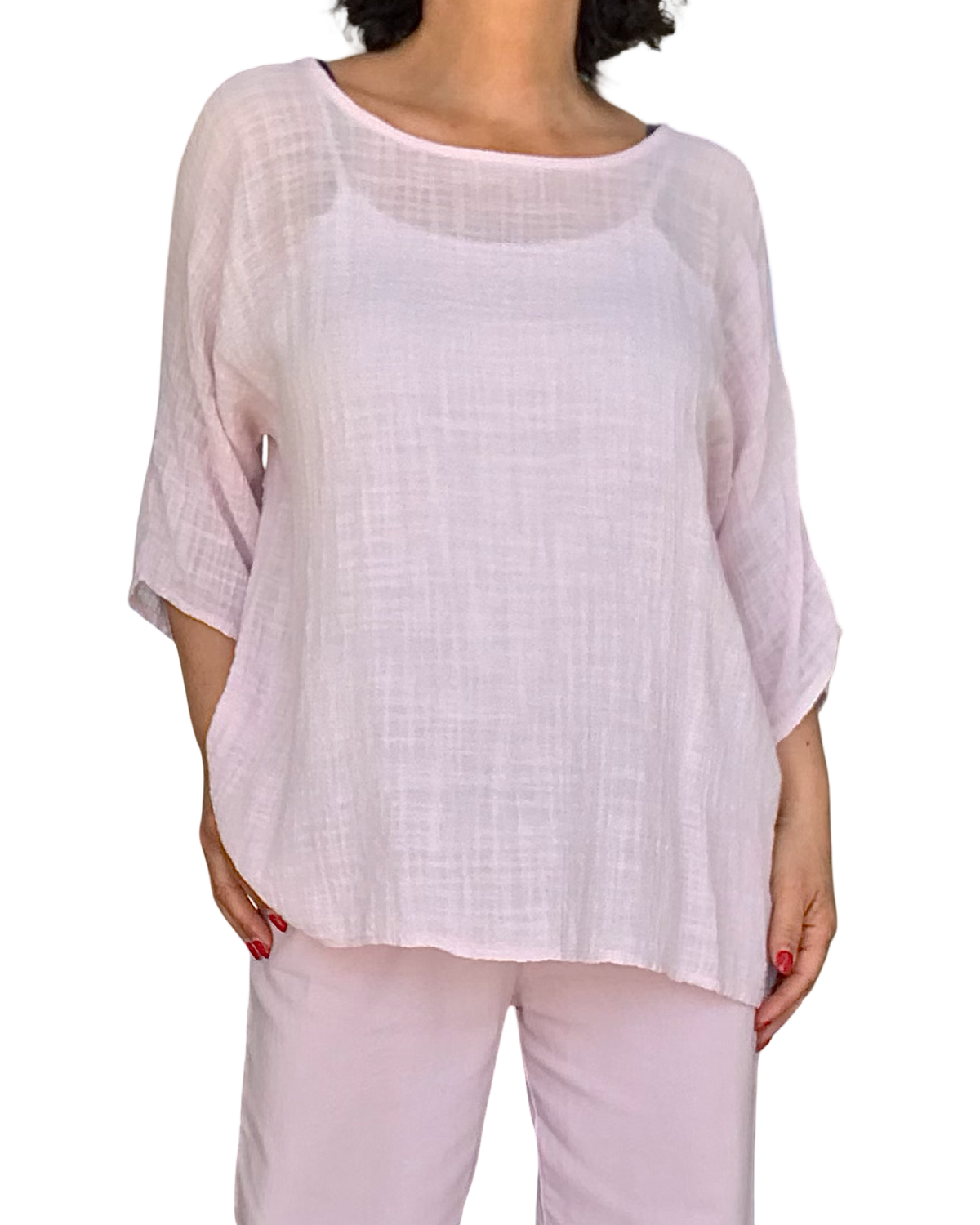 Blouse unie rose pâle à manches courtes, col rond