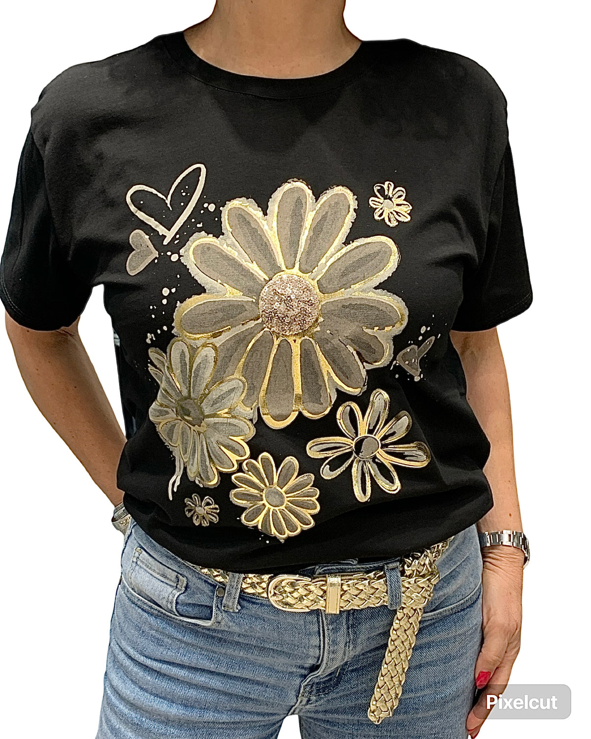 T-shirt noir col rond avec imprimé de fleurs beiges