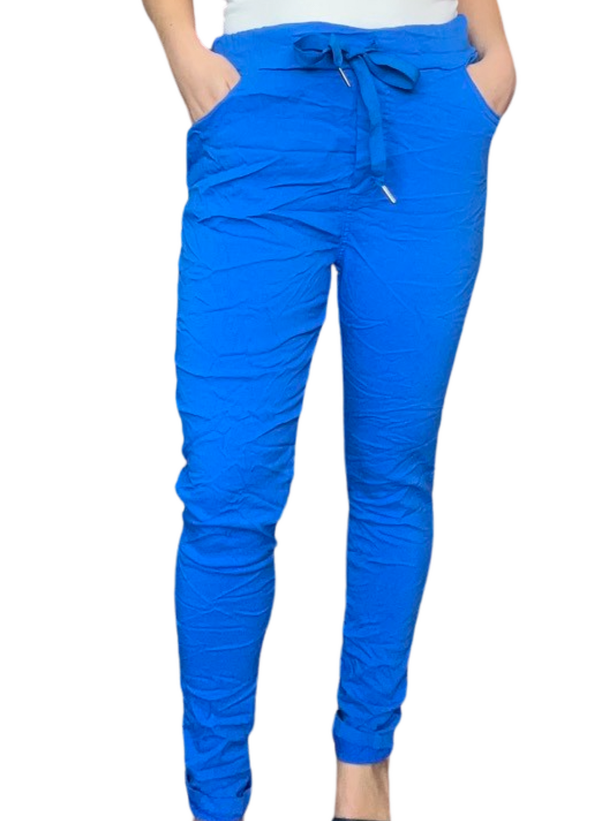 Pantalon bleu royal pour femme à taille élastique avec cordon avec camisole.