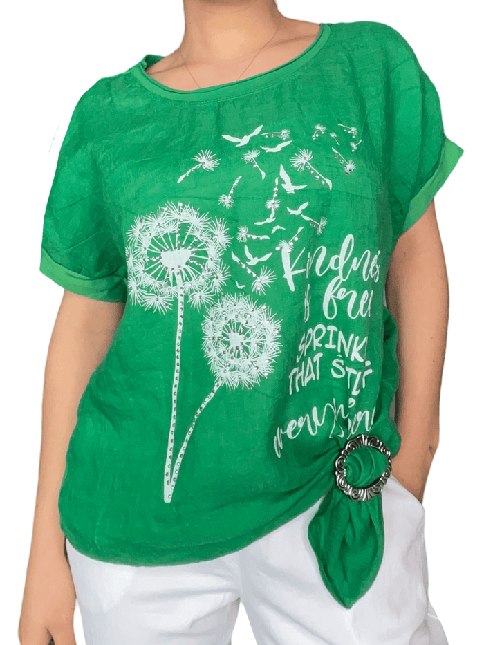T-shirt vert pour femme avec imprimé de fleurs avec boucle d'ajustement.