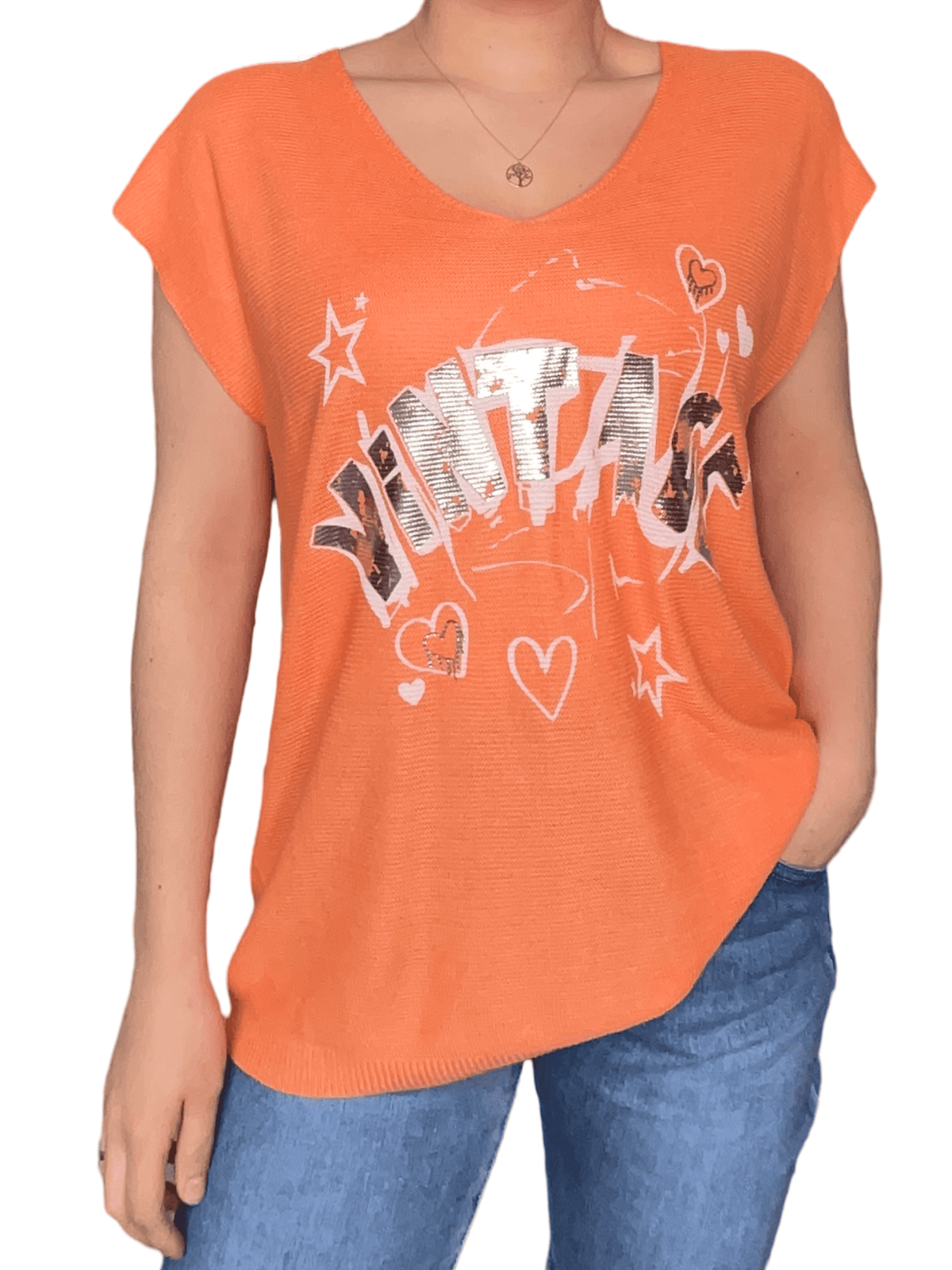 T-shirt orange pour femme avec imprimé ''Vintage''.
