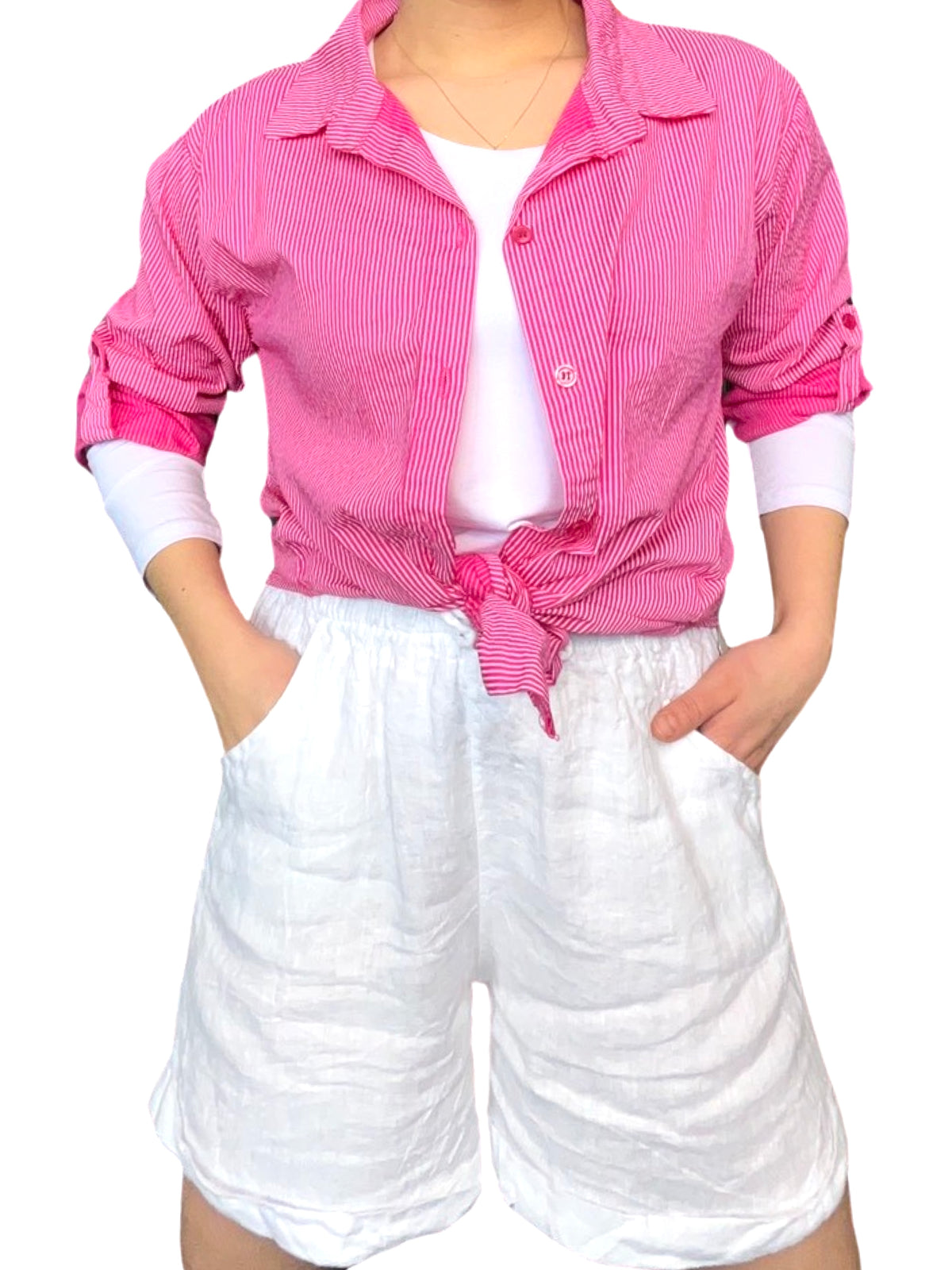 Chemise pour femme à manche longue fuchsia rayée avec nœud, chandail à manche longue et short en lin.