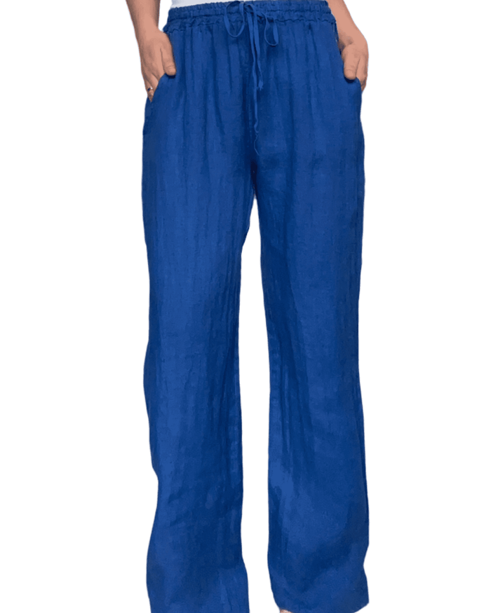 Pantalon femme droit bleu royal en lin à taille élastique avec cordon.