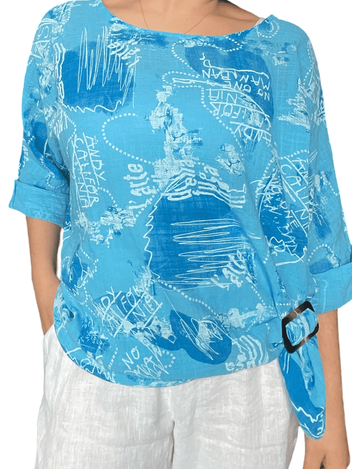 Chandail turquoise pour femme avec imprimé d'écritures avec boucle d'ajustement.