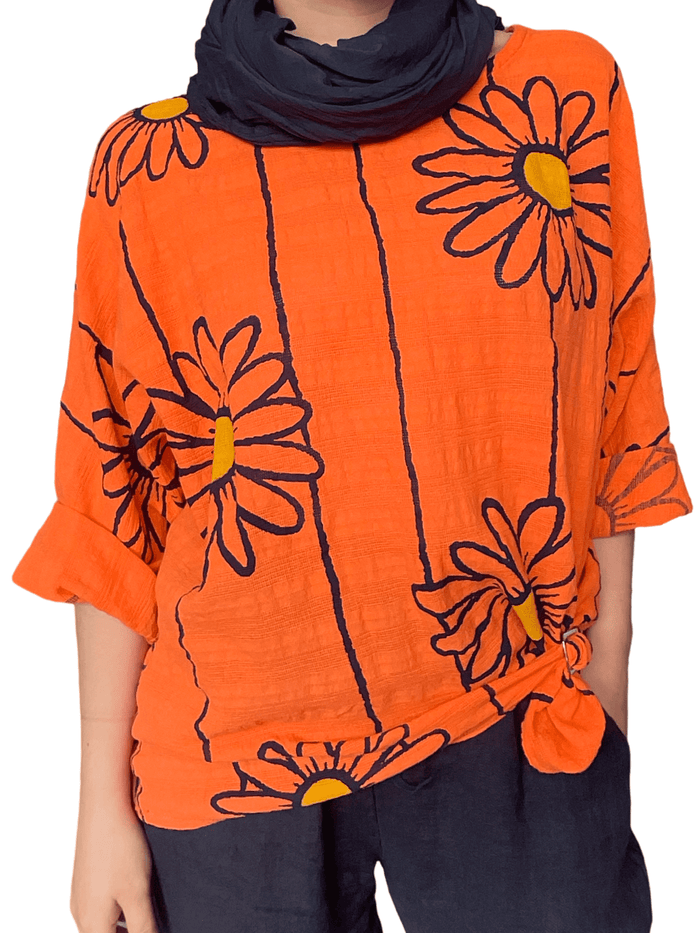 Chandail orange pour femme avec imprimé de tournesols avec foulard et boucle d'ajustement.