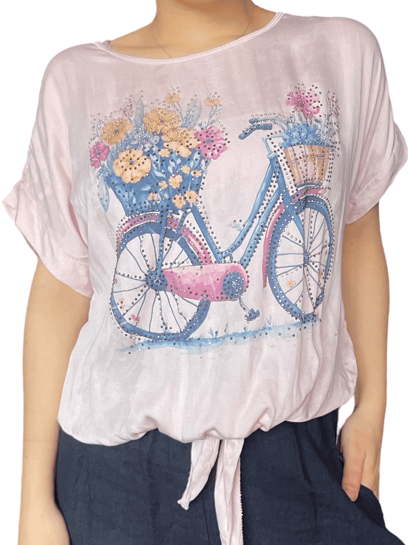 T-shirt rose pour femme avec imprimé d'un vélo.