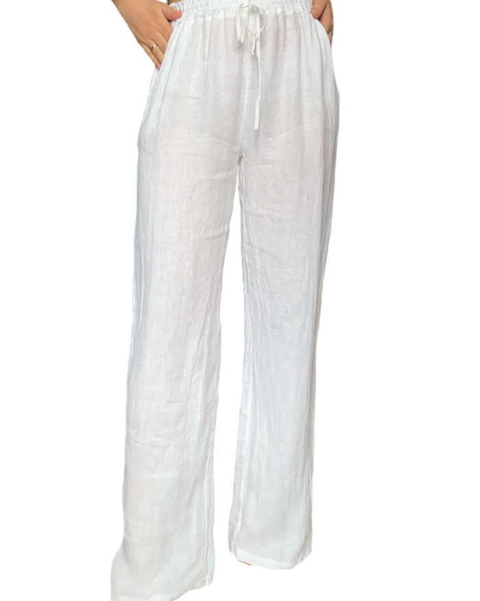 Pantalon droit blanc femme en lin à taille élastique avec cordon.
