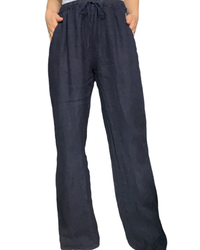 Pantalon droit bleu marin femme en lin à taille élastique avec cordon.