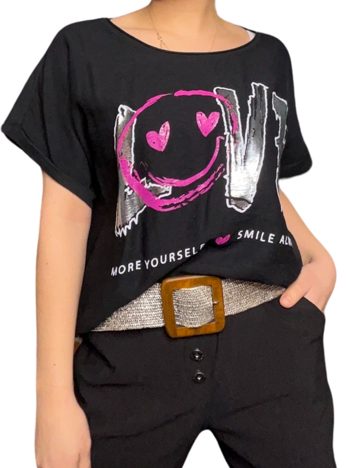 T-shirt noir pour femme avec imprimé « Love » avec ceinture en jute.