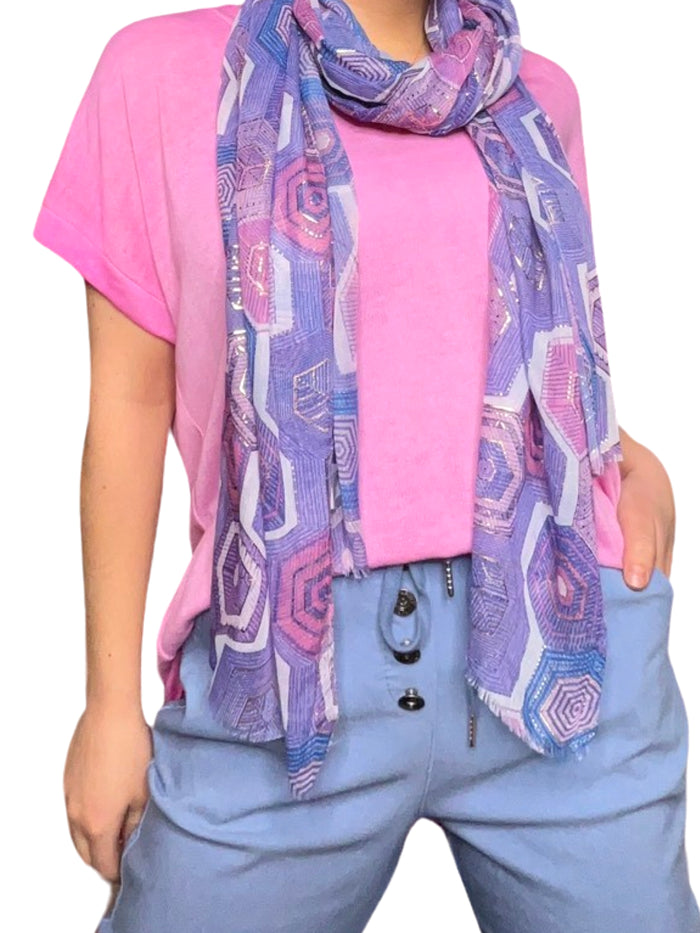 T-shirt pour femme rose uni, foulard lilas