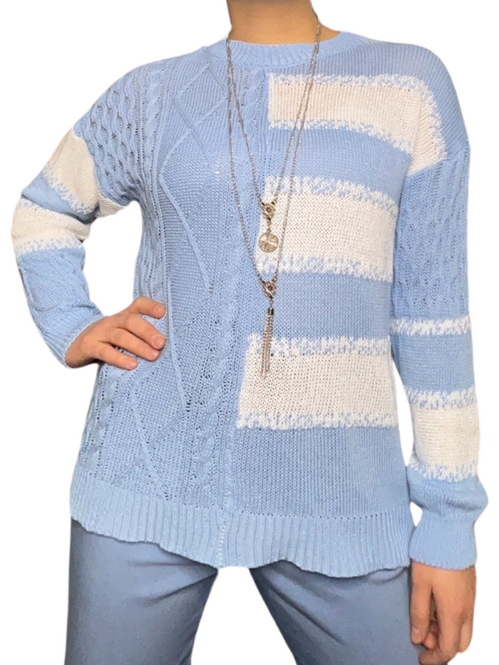 Chandail en tricot bleu ciel à manche longue pour femme, avec collier