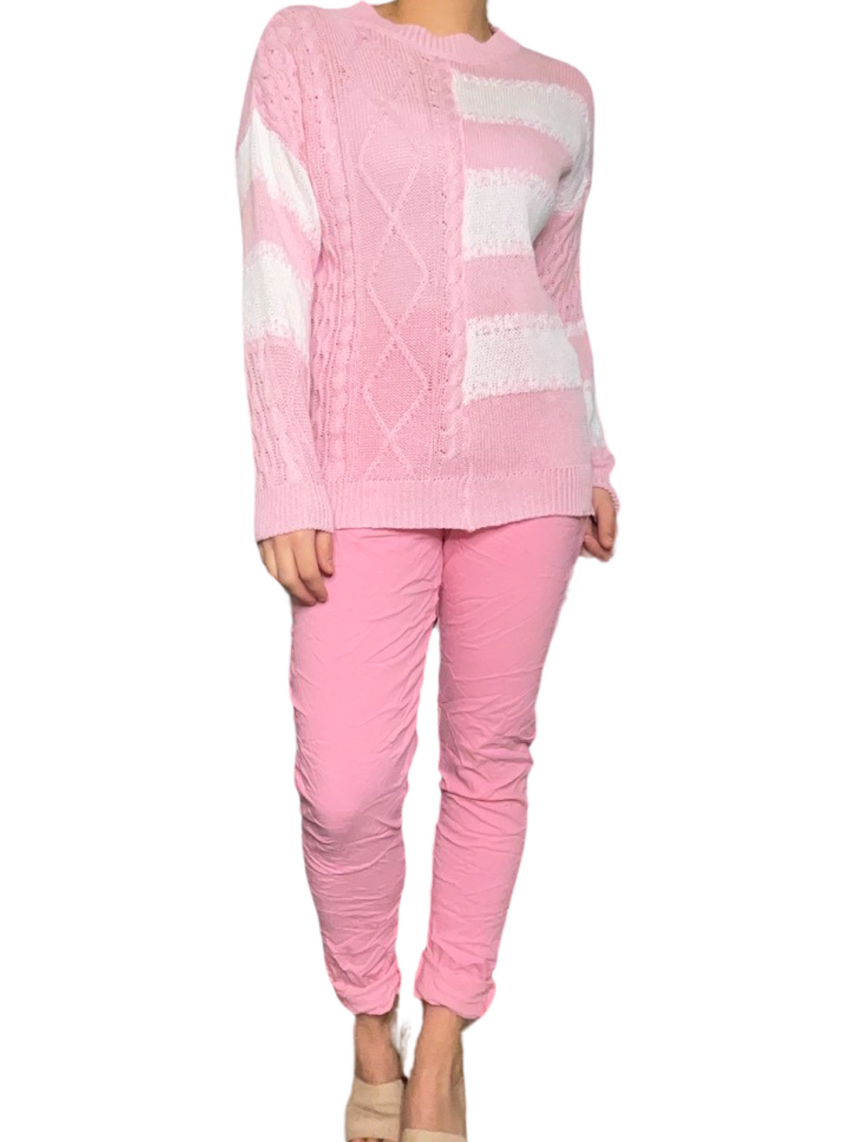 Pantalon rose pour femme à taille élastique avec cordon avec chandail à manche longue en tricot.