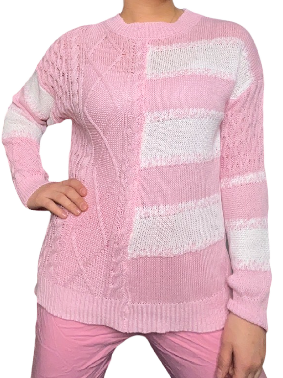 Chandail pour femme en tricot rose à manche longue avec camisole gainante à l'intérieur.