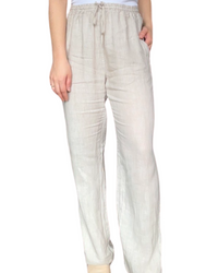 Pantalon droit beige pour femme en lin à taille élastique avec cordon.