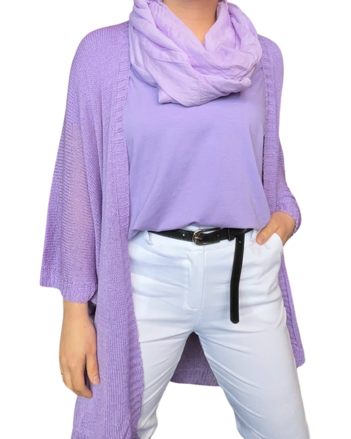 T-shirt couleur unie pour femme avec foulard lilas.