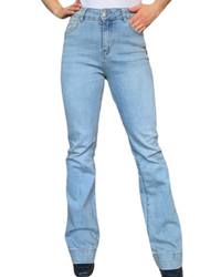 Jeans pour femme flare à taille haute 31 pouces de longueur avec camisole gainante à l'intérieur.
