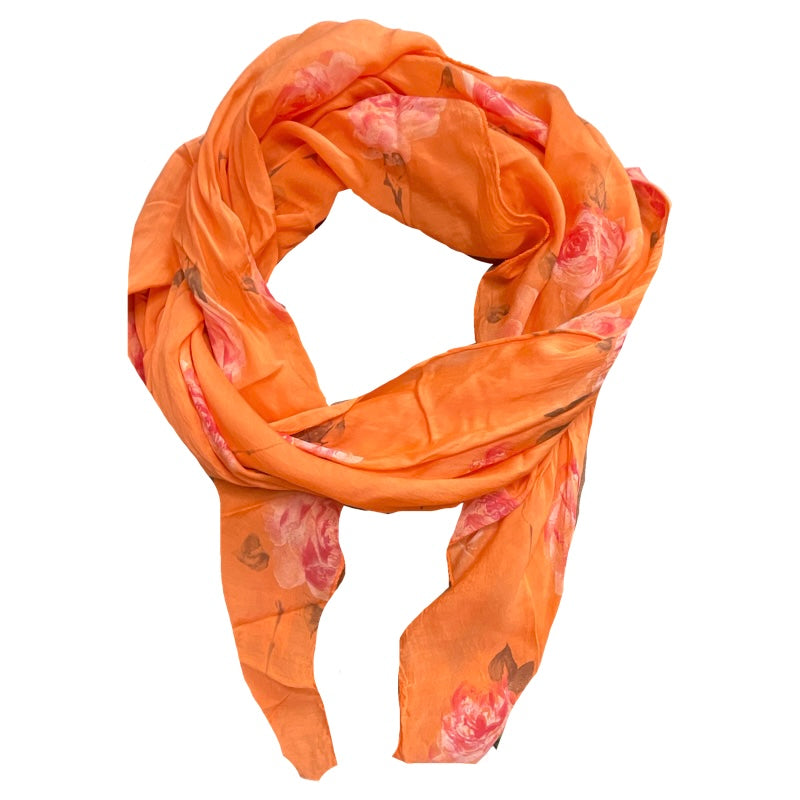 Foulard léger orange avec fleurs roses