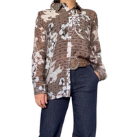 Chemise brune manche longue à carreaux et fleurs