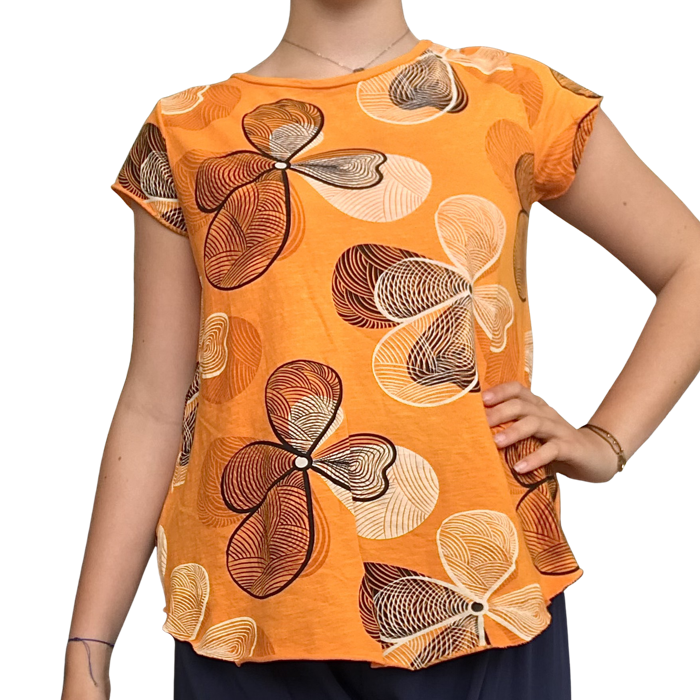 T-shirt orange fleuri col en rond manche courte
