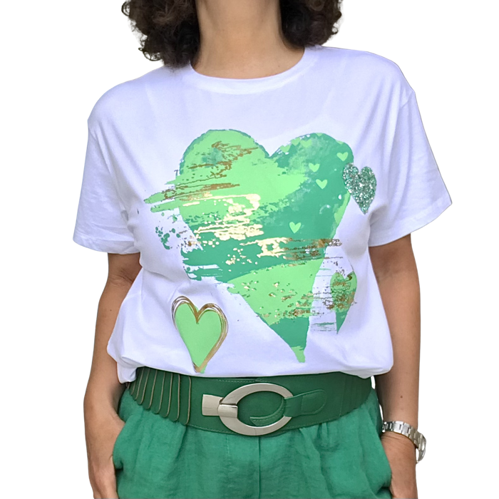 T-shirt blanc col en rond manche courte avec 4 coeur devant avec ceinture en simili-cuir jade