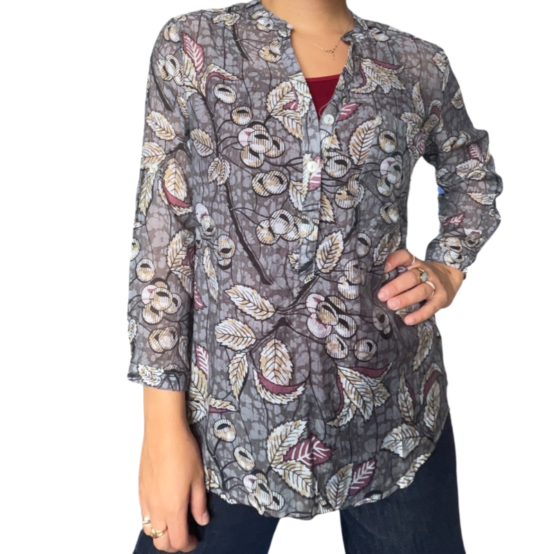  Chemise col maho grise avec imprimé de feuillages avec camisole bourgogne