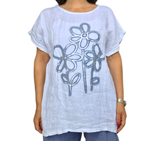 T-shirt col rond marguerites bleu marin manche courte blanc