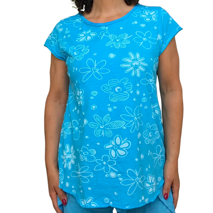 T-shirt turquoise fleuri col en rond manche courte