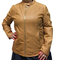 Jacket cuir femme camel avec zip or, chandail bleu marin