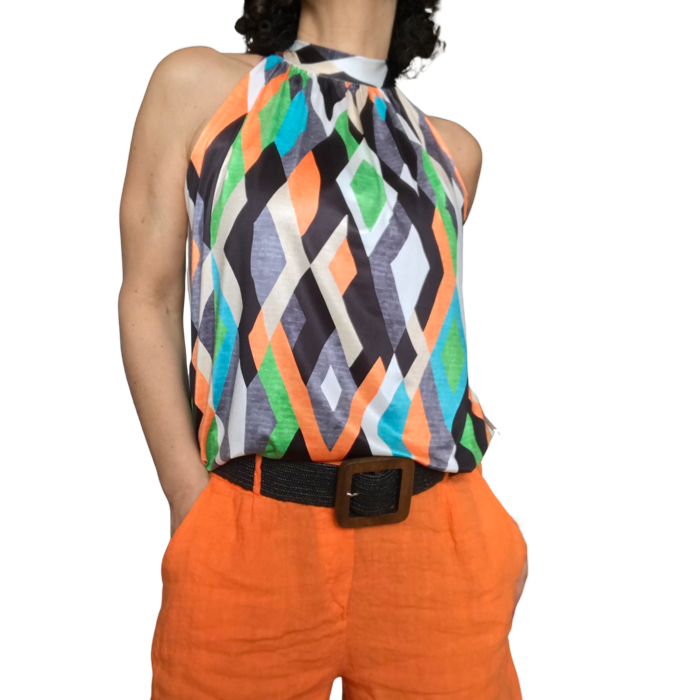 Camisole à losanges multicolores noué au cou élastique au bas orange  avec ceinture  noire