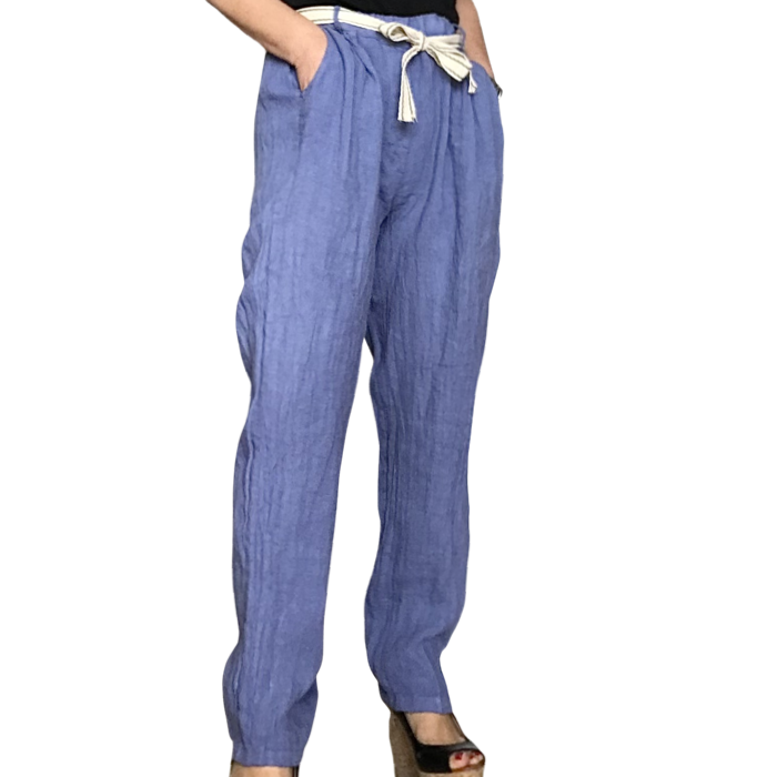 Pantalon en lin bleu indigo avec une taille élastique