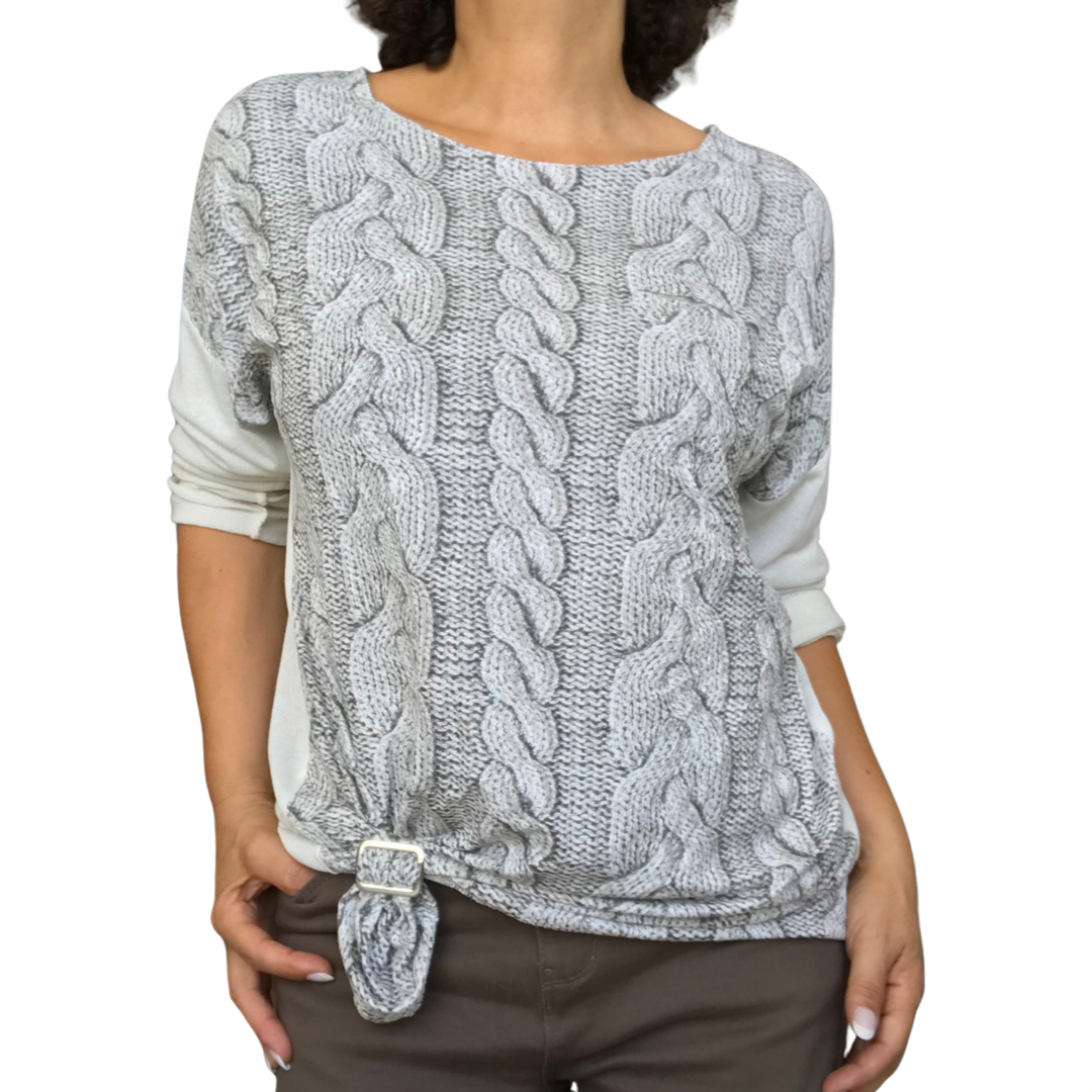 Chandail femme avec tricot gris imprimé à manche longue avec boucle d'ajustement et pantalon brun à la mode