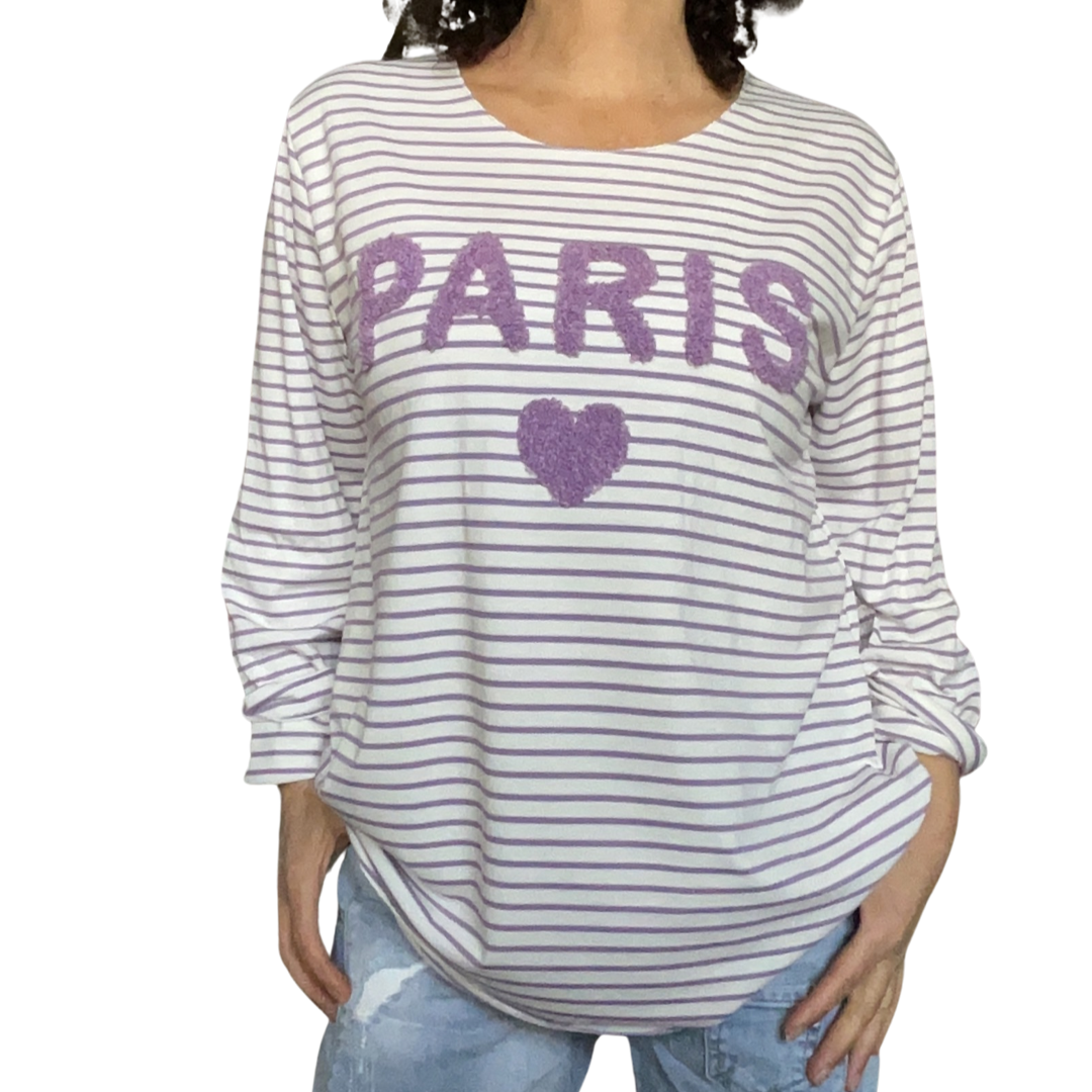 Chandail manche longue rayé avec imprimé « PARIS » lilas