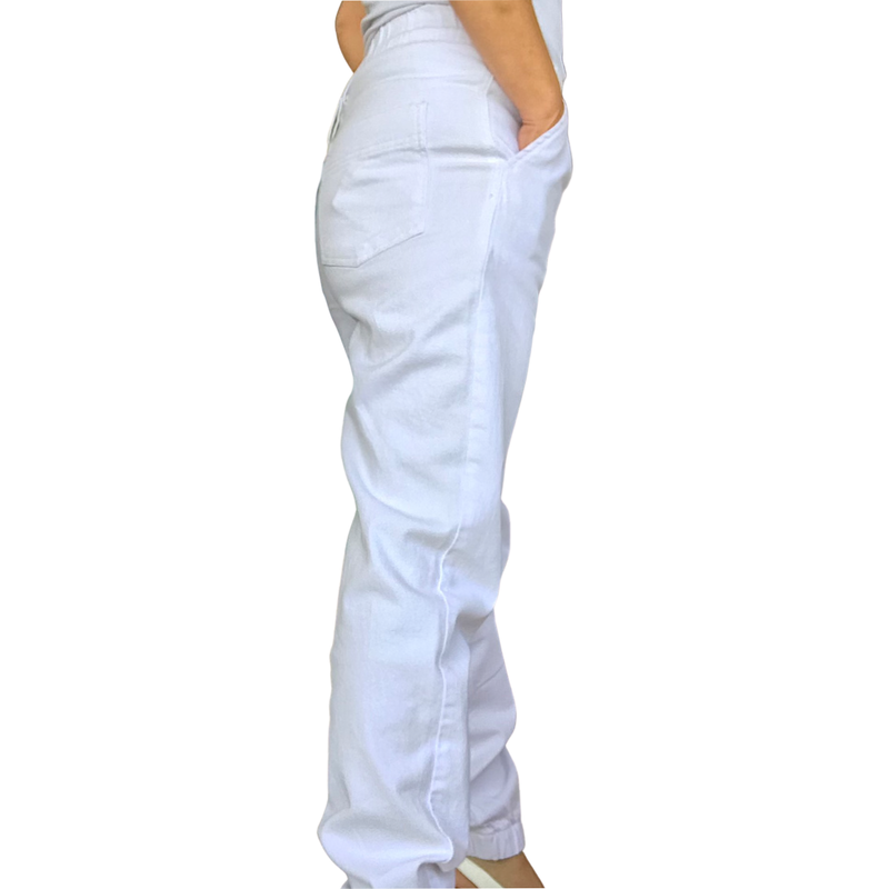 Pantalon blanc ample femme 2 plis français avec élastique dans le bas vue de dos