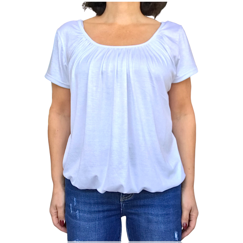 T-shirt femme uni manche courte col en U élastique au bas blanc