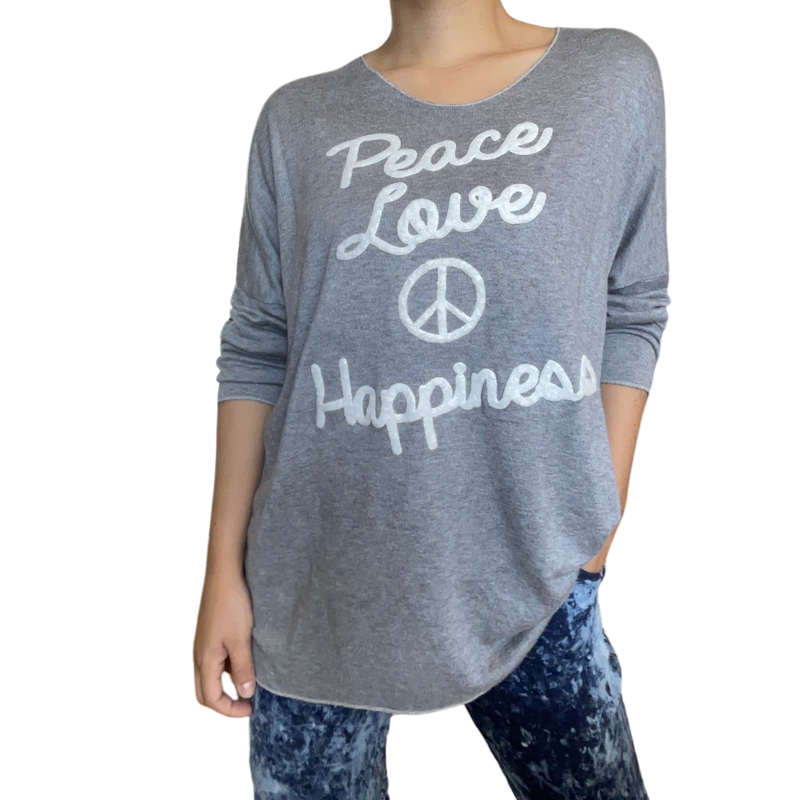 Chandail en laine gris manche longue femme "peace, love, happiness" et pantalon femme